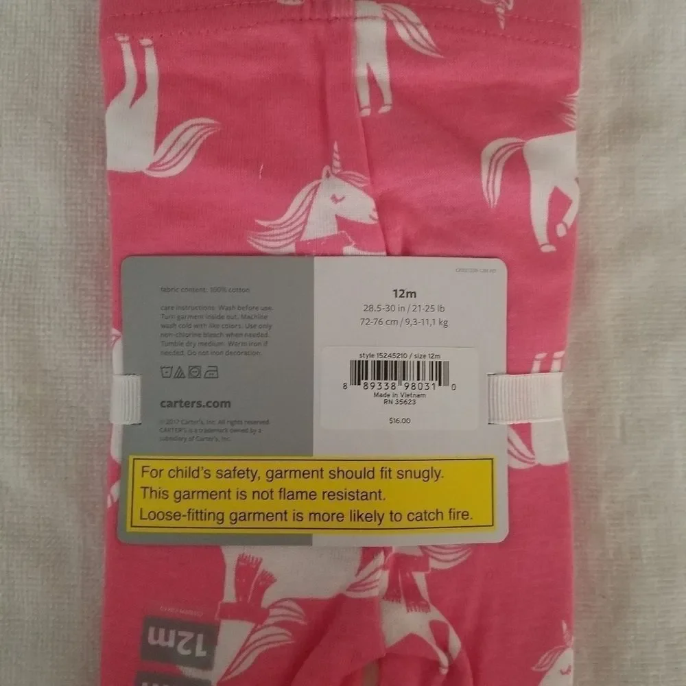 Carter’s Girls Pajama Set Pink Unicorn Print Size 12 Months 2-Piece Sleepwear